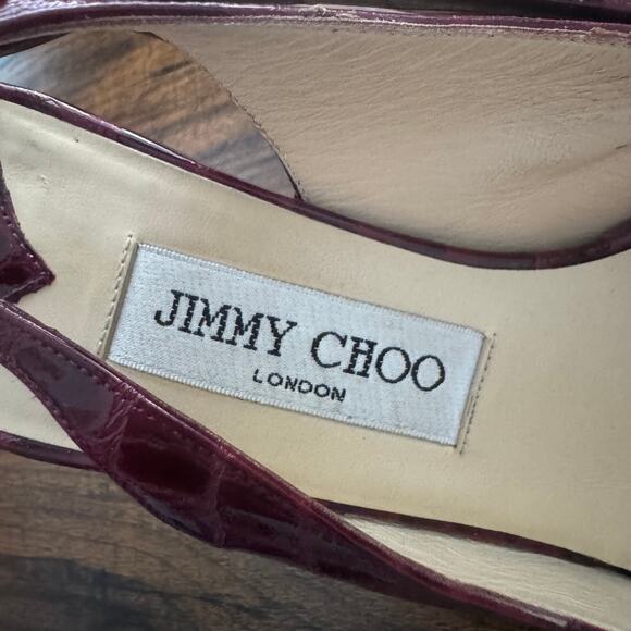 Jimmy Choo Bordeaux Croc Embossed Patent Leather Slingback Stiletto Heels - Picture 5 of 10